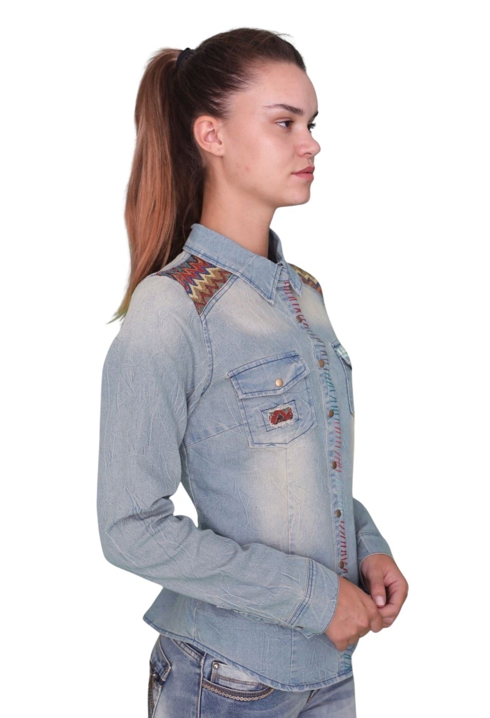 Camisa denim manga larga de Algodón con detalles étnicos color Azul para Mujer 1