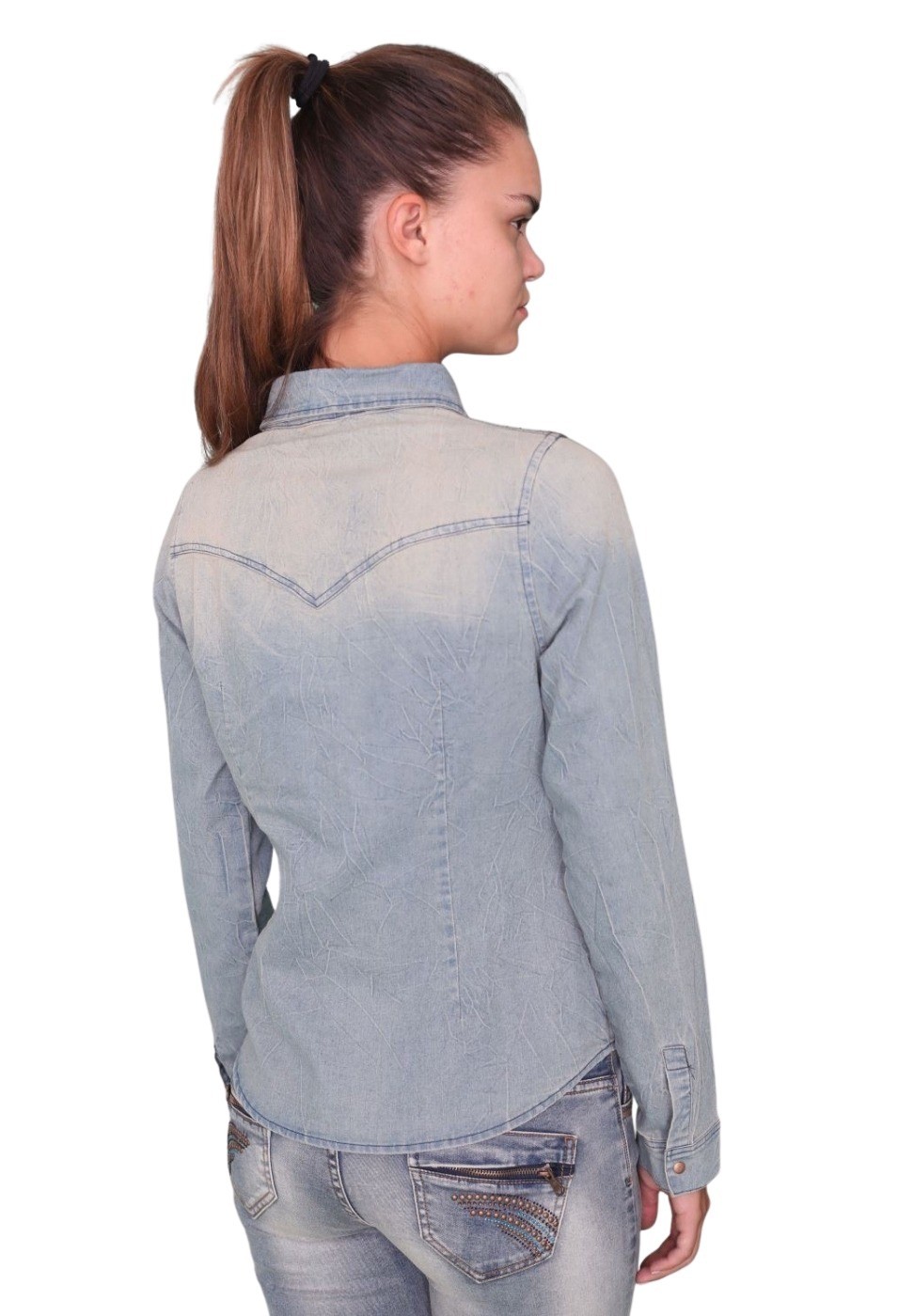 Camisa denim manga larga de Algodón con detalles étnicos color Azul para Mujer 3