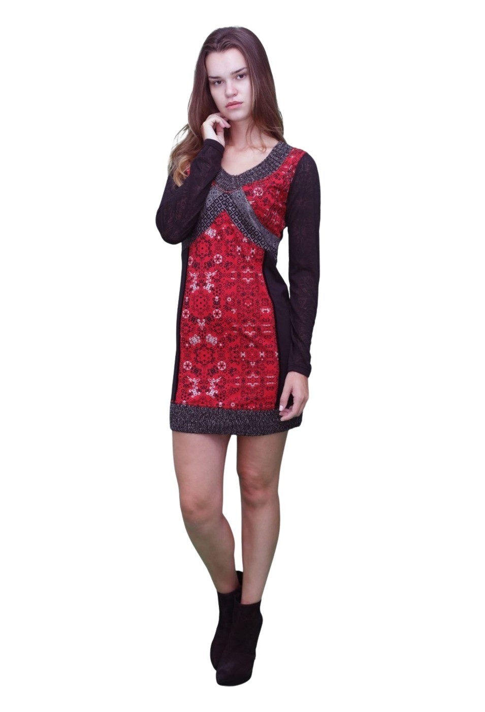 Vestido de manga larga de algodón con estampado combinado color Rojo para Mujer