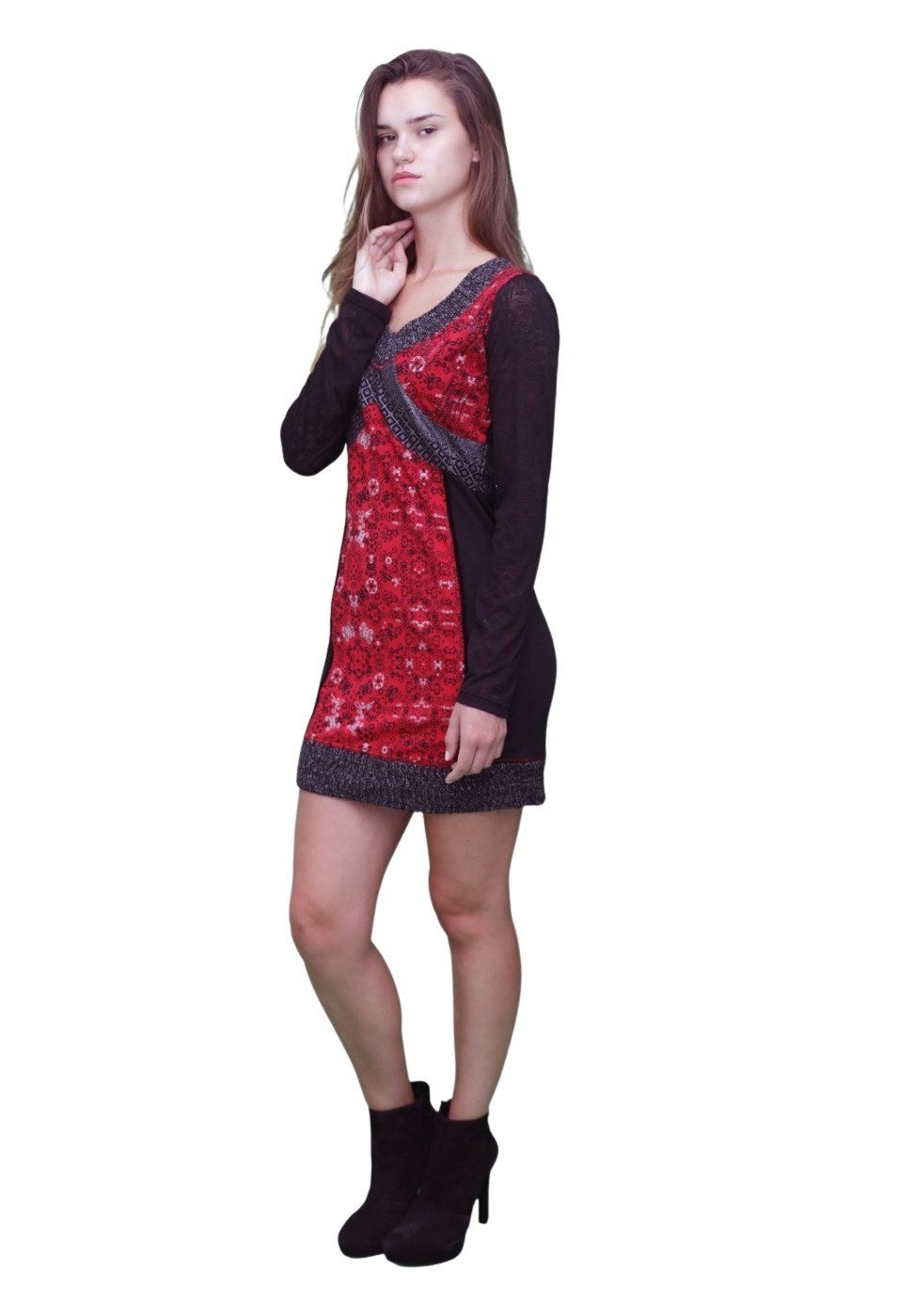 Vestido de manga larga de algodón con estampado combinado color Rojo para Mujer 2